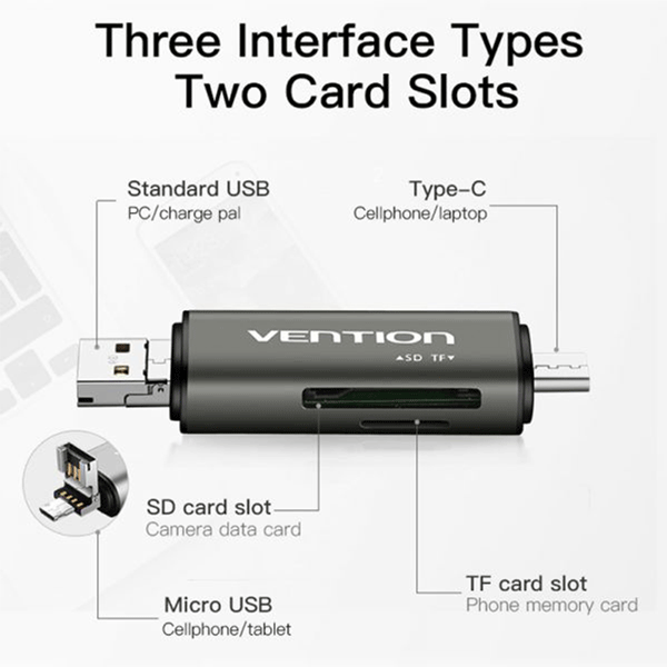 Vention Usb 3.0 + Type C + Micro Usb Multi-Function Card Reader3