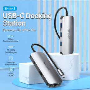 Vention USB C Multi-function 6 in 1 Docking Station (HDMI/USB 3.0×3/RJ45/PD up to 87W) 0.5m Gray0
