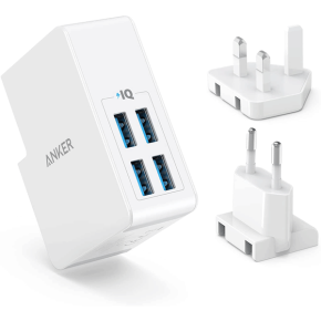 Anker USB Plug Charger 5.4A/27W 4-Port USB Wall Charger, PowerPort 4 Lite with Interchangeable UK and EU Travel Charger4