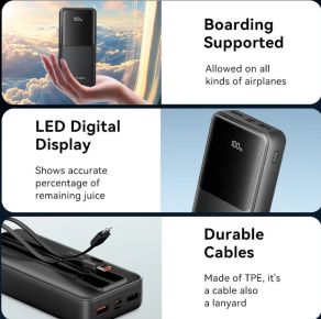 Vention 20000mAh Power Bank w/ Built-in USB-C & Lightning Cables 22.5W Black LED Display0