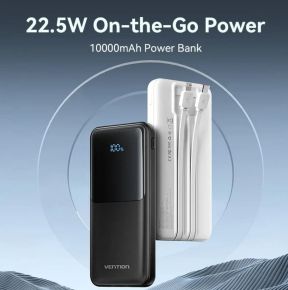 Vention 10000mAh Power Bank w/ Built-in USB-C & Lightning Cables 22.5W Black LED Display0