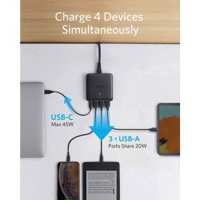 Anker USB C Charger, 65W 4 Port PIQ 3.0&GaN Fast Charger Adapter, PowerPort Atom III Slim Wall Charger with a 45W Power Delivery Port2