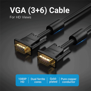 VENTION VGA(3+6) MALE TO MALE CABLE WITH FERRITE CORES 1.5METER BLACK0