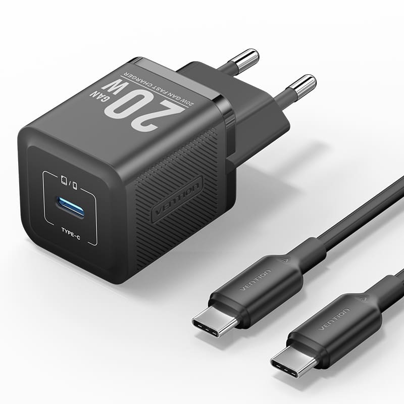 Vention 1-Port USB-C GaN Charger (20W) UK-Plug Black   2